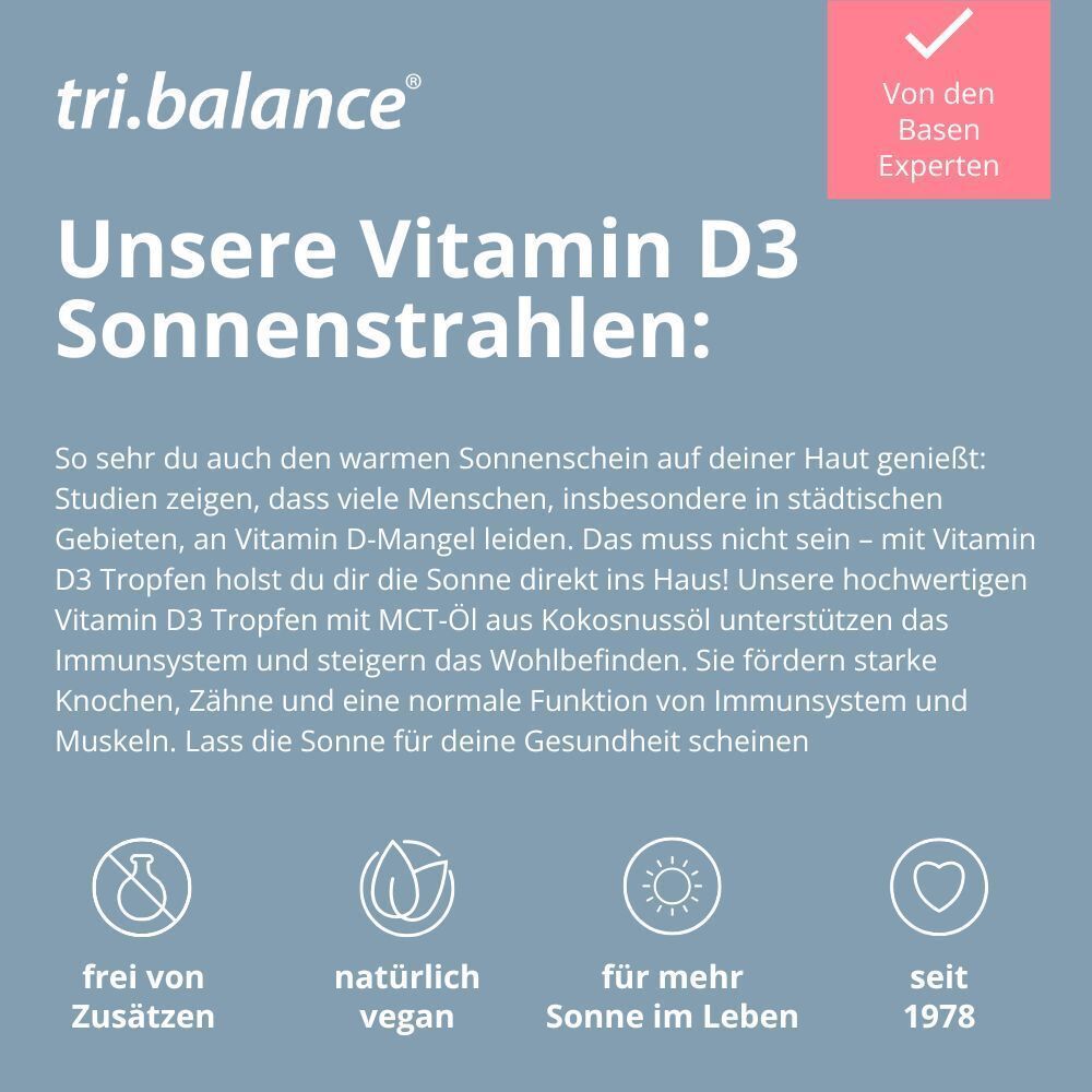 Text: Unsere Vitamin D3 Sonnenstrahlen. Icons: Frei von Zusätzen, Natürlich vegan, Für mehr Sonne im Leben, Seit 1978.