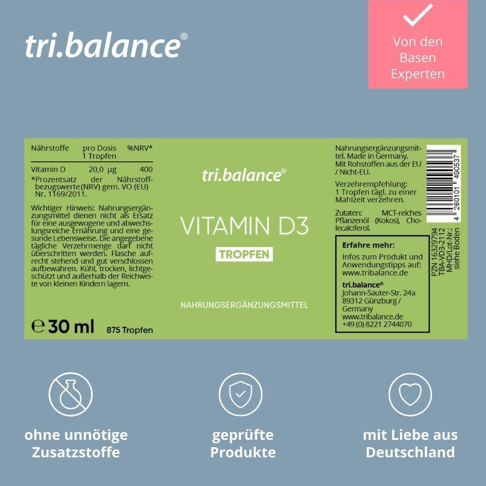 Etikett tri.balance Vitamin D3 Tropfen: Nährwerte, Zutaten, 30 ml, 875 Tropfen. Icons: Ohne Zusätze, Geprüfte Produkte, Mit Liebe aus Deutschland.