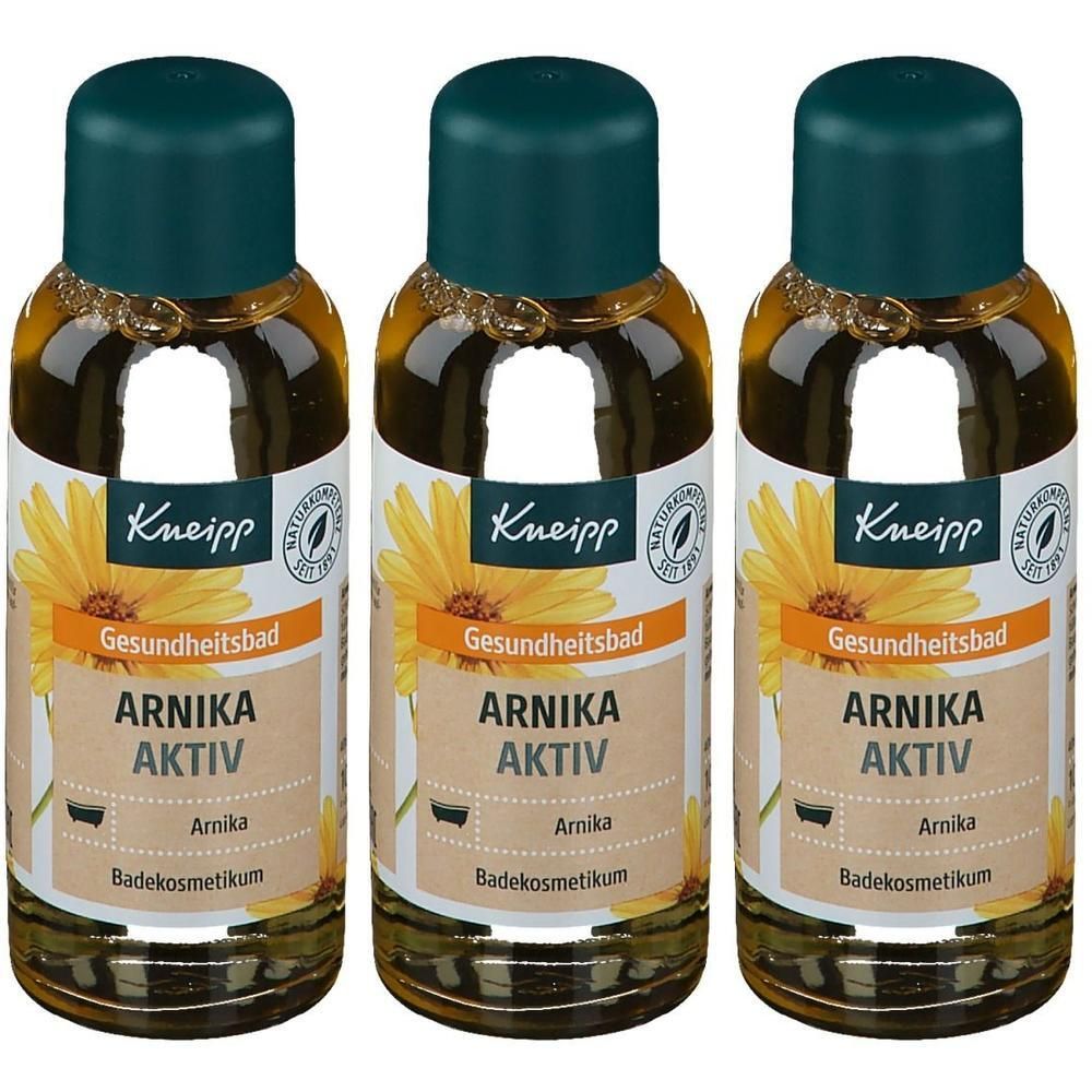 Drei Flaschen Kneipp Gesundheitsbad Arnika Aktiv mit gelber Blüte auf dem Etikett.