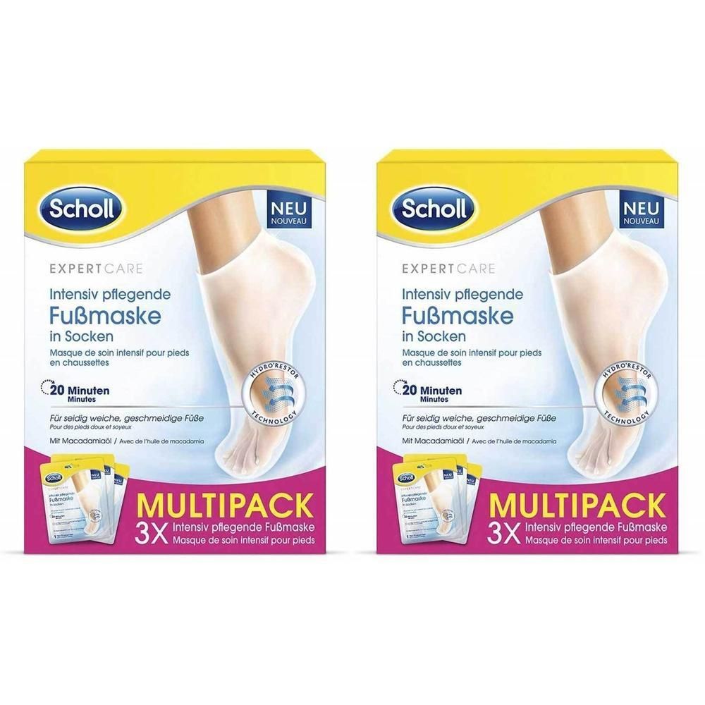 Zwei Packungen Scholl Intensiv pflegende Fußmaske in Socken. Multipack 3x.