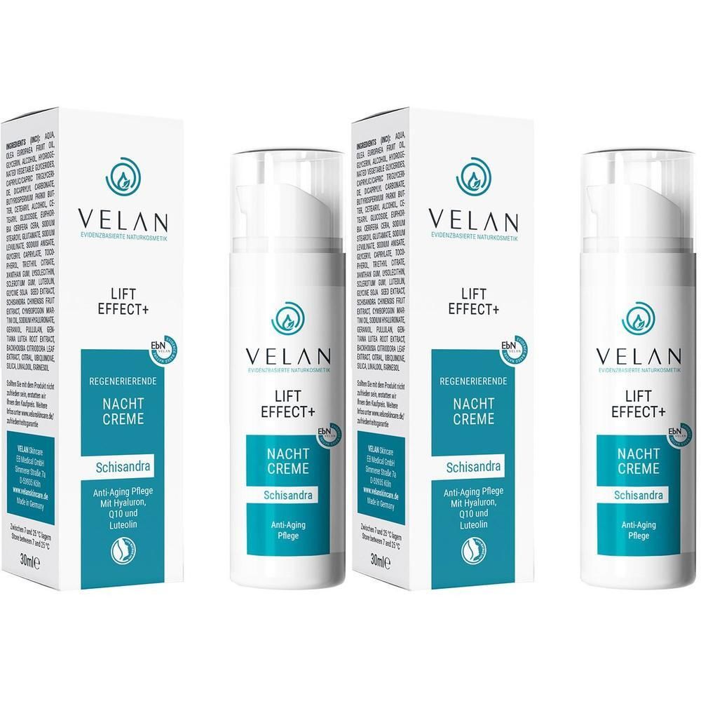 VELAN LIFT EFFECT+ Nachtcreme in weißer Verpackung und Flasche mit Pumpspender.