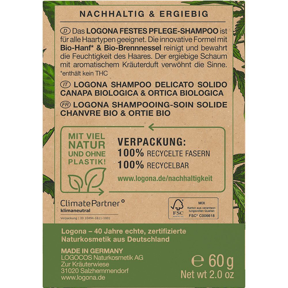 Rückseite der Verpackung mit Produktinformationen, Inhaltsstoffen und Nachhaltigkeitssiegeln.