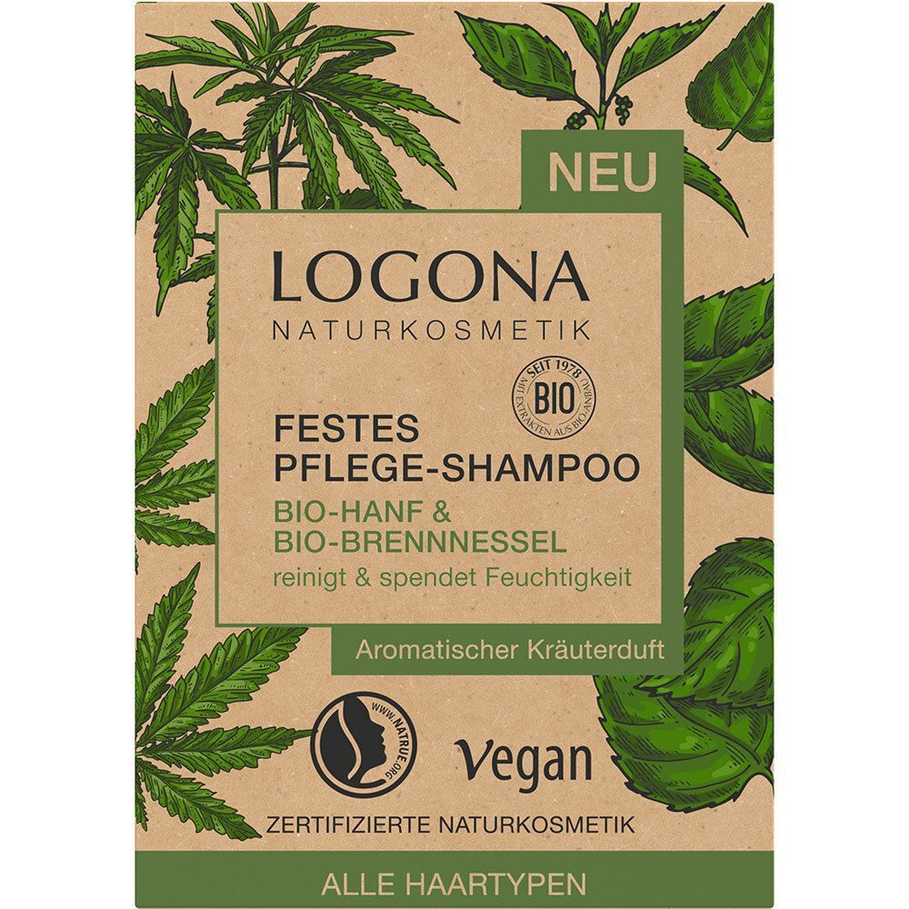 Verpackung für festes LOGONA Pflege-Shampoo Bio Hanf & Bio Brennnessel mit Pflanzenmotiven.
