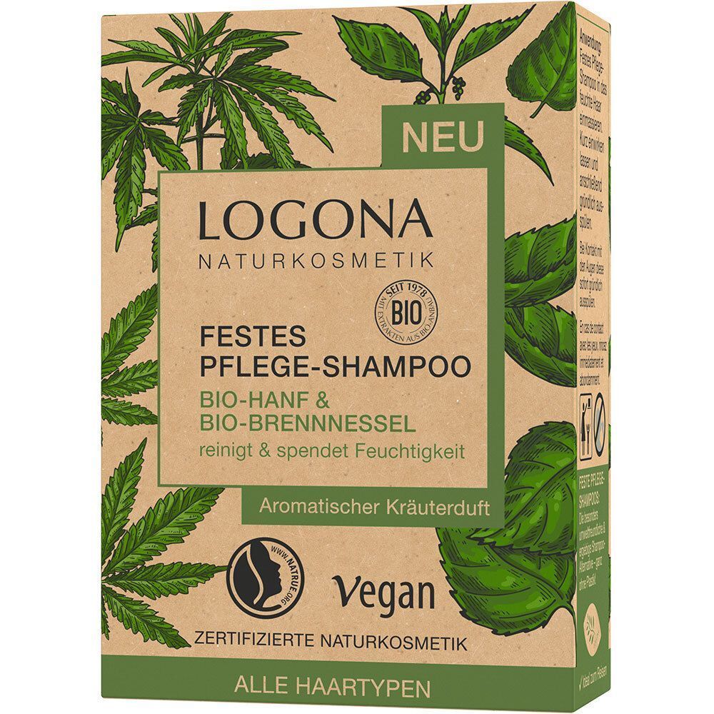 Verpackung für festes LOGONA Pflege-Shampoo Bio Hanf & Bio Brennnessel, Vorderseite.