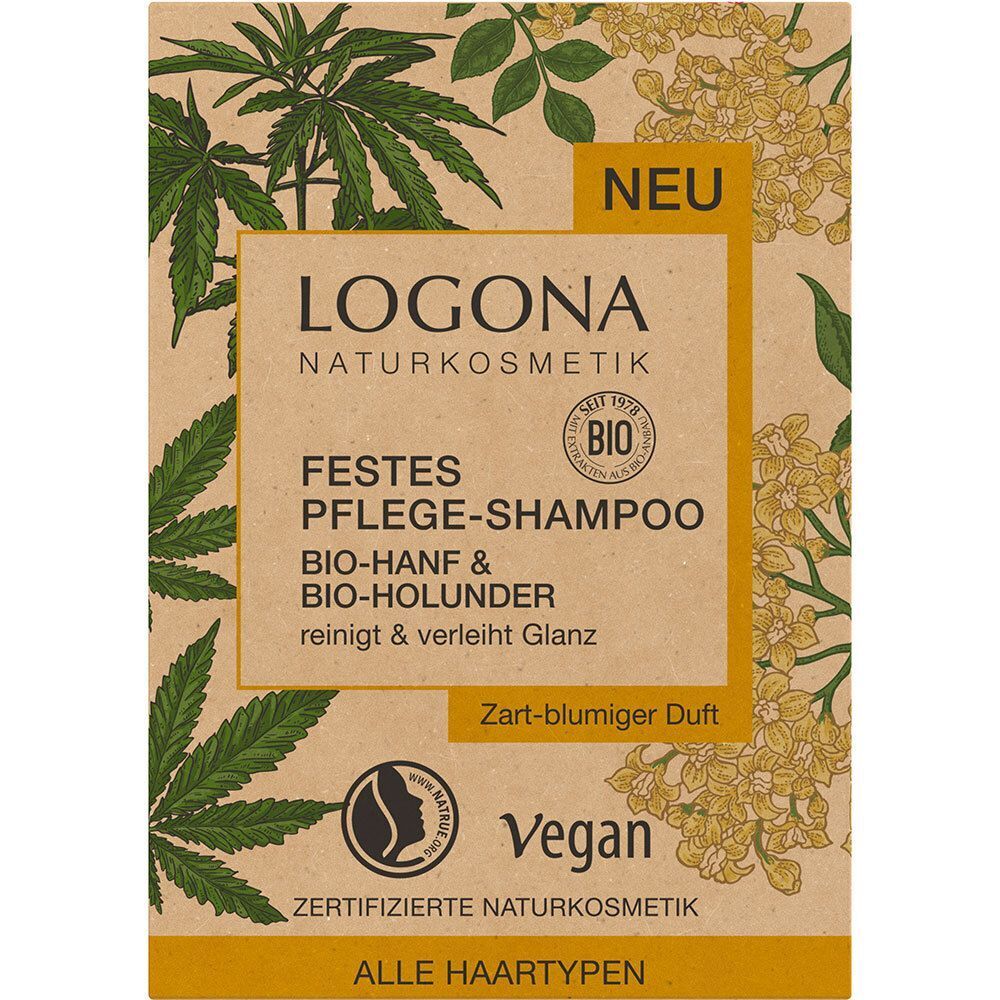 Verpackung des LOGONA Festes Pflege-Shampoo Bio-Hanf & Bio-Holunder mit Pflanzenmotiven und Siegeln.