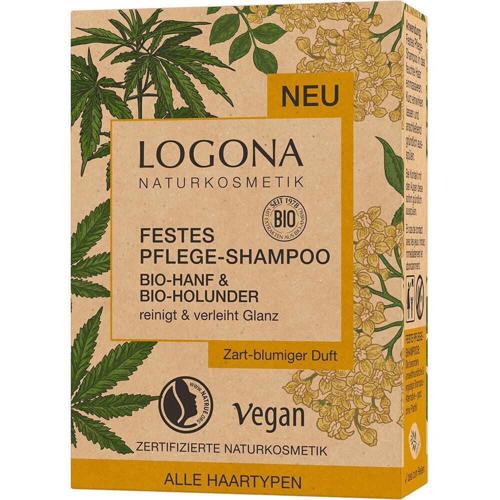 Verpackung des LOGONA Festes Pflege-Shampoo Bio-Hanf & Bio-Holunder mit Pflanzenmotiven und Siegeln.