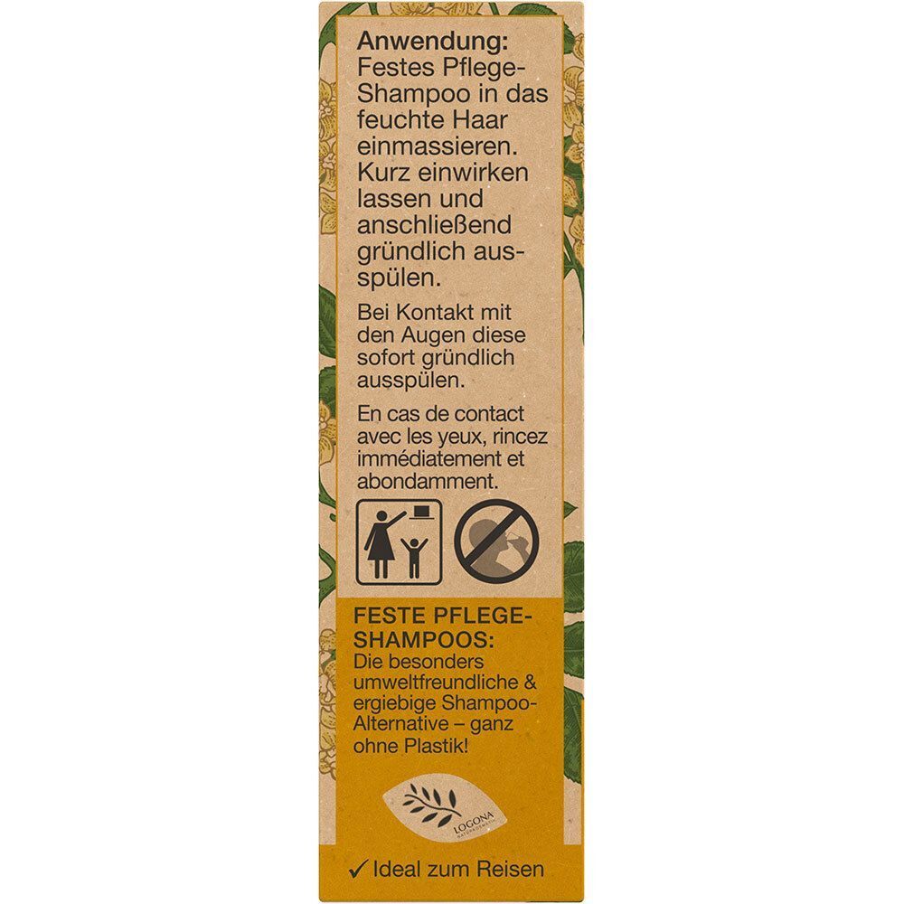 Rückseite der LOGONA Shampoo-Verpackung mit Anwendungshinweisen und Umweltinformationen.