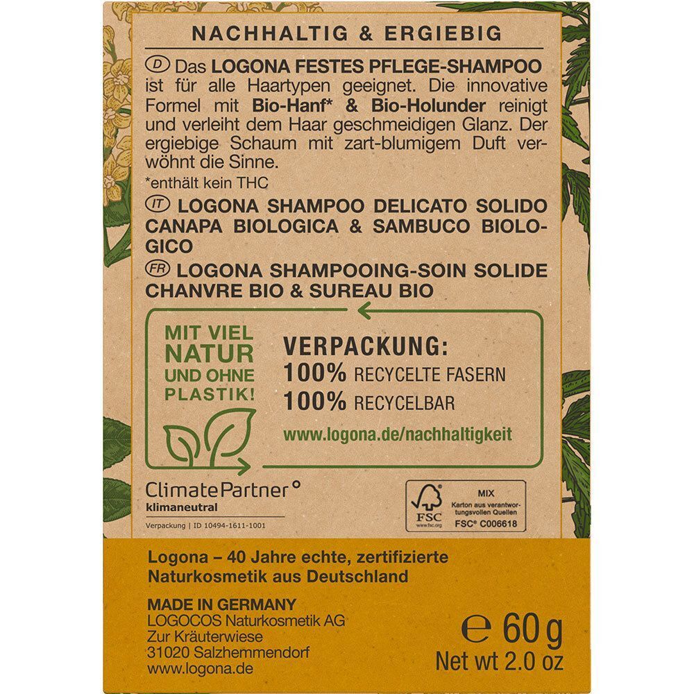 Rückseite der LOGONA Shampoo-Verpackung mit Produktinformationen, Siegeln und Herkunftsangabe.