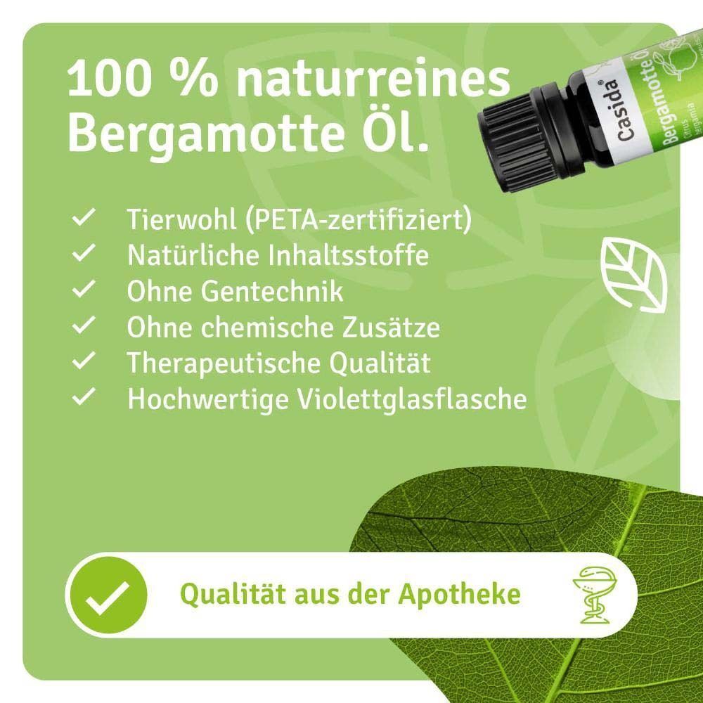 Eine Flasche Casida Bergamotte Öl, 100% naturrein, mit Etikett und schwarzem Deckel, neben Text.
