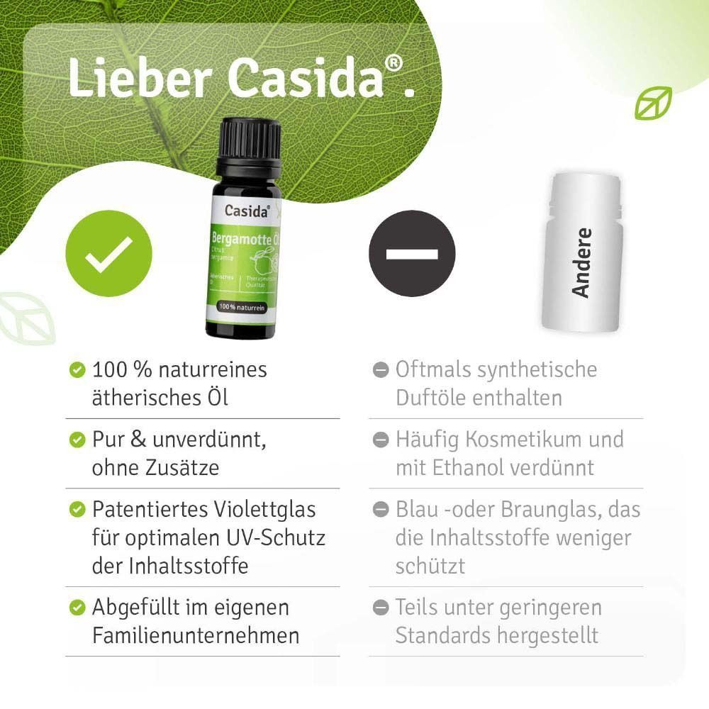 Eine Flasche Casida Bergamotte Öl, 100% naturrein, mit Etikett und schwarzem Deckel, neben Vergleichsprodukten.