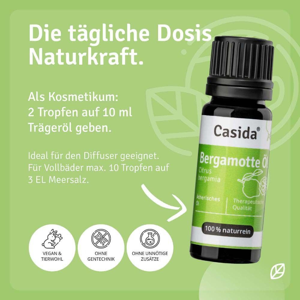 Eine Flasche Casida Bergamotte Öl, 100% naturrein, mit Etikett und schwarzem Schraubverschluss.