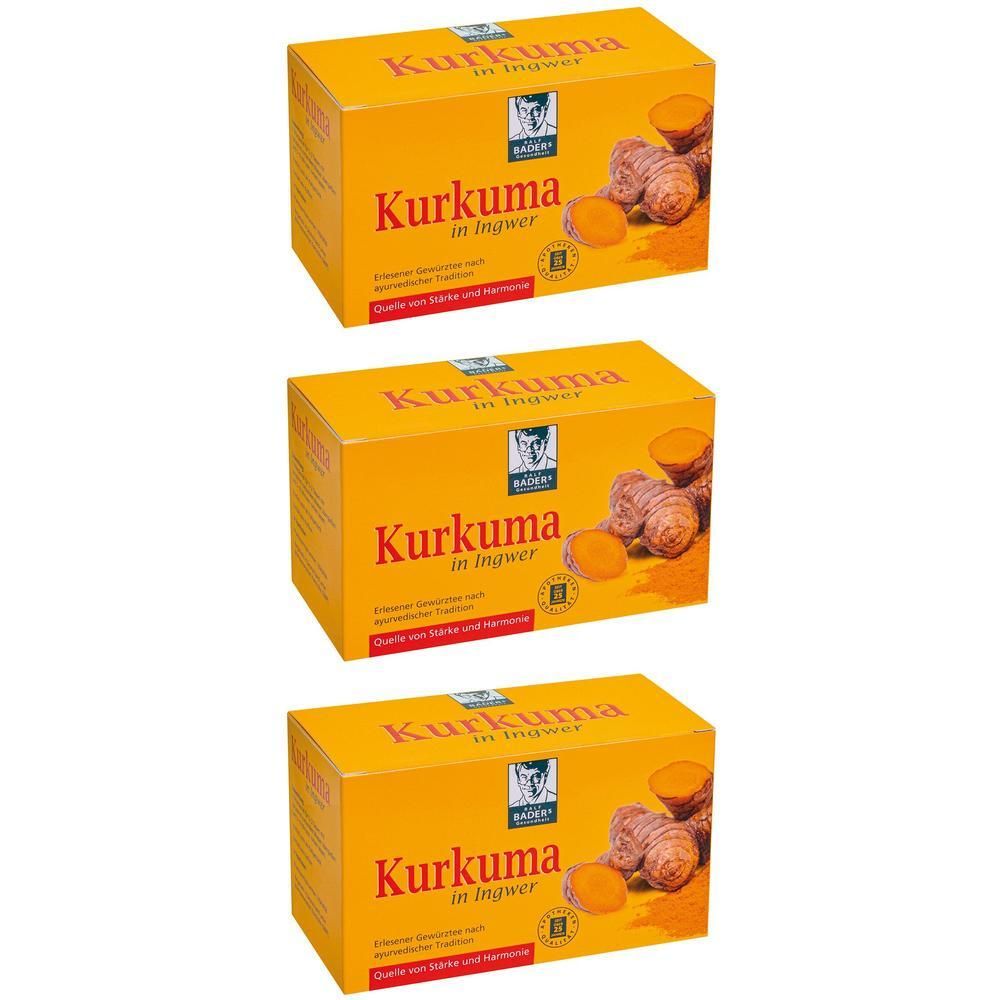 Drei Schachteln BADERs Kurkuma in Ingwer Tee, orangefarben, mit Abbildungen von Kurkuma und Ingwer.