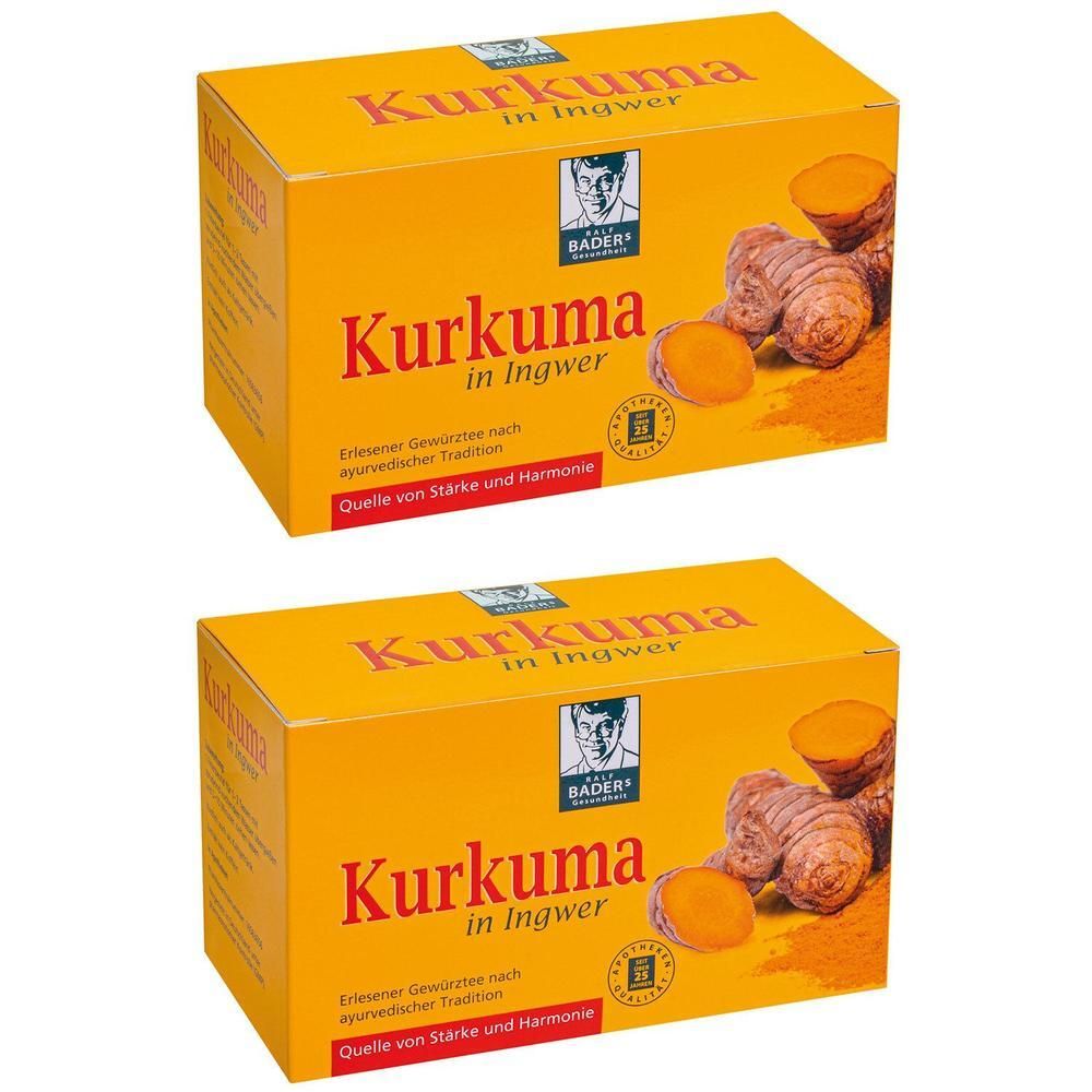 Zwei Packungen BADERs Kurkuma in Ingwer Tee, gelbe Kartons mit Abbildung von Kurkuma und Ingwer.