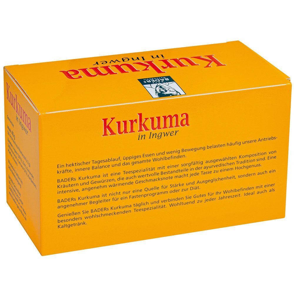 Packung BADERs Kurkuma in Ingwer Tee, gelber Karton mit detaillierter Produktbeschreibung und Abbildung von Kurkuma.