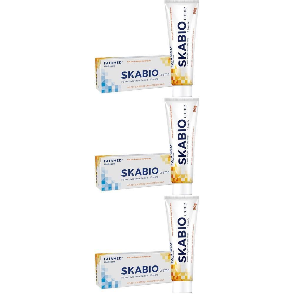 Drei Tuben und Schachteln SKABIO Creme 50g.