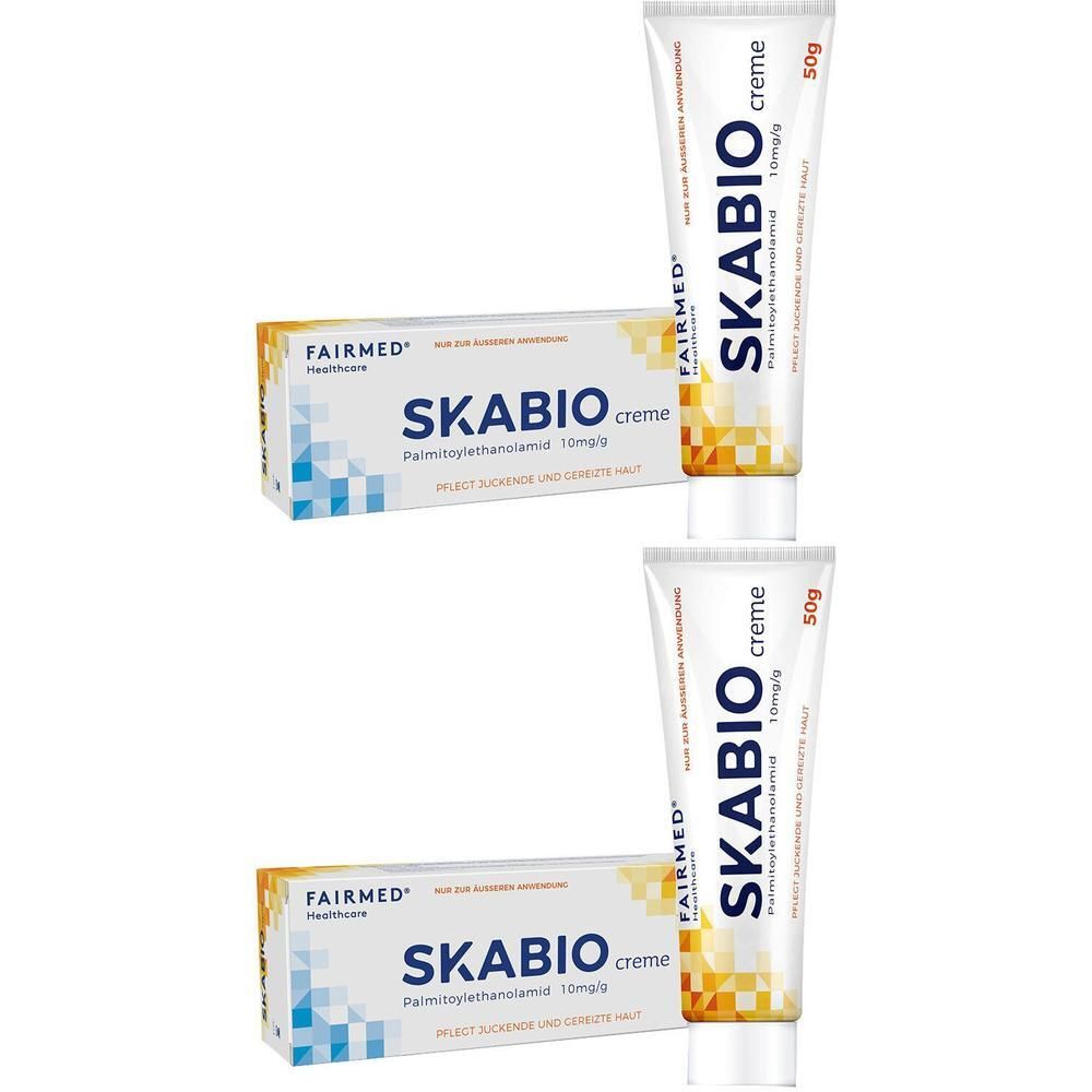 Zwei Tuben und Schachteln SKABIO Creme 50g mit Palmitoylethanolamid 10mg/g.