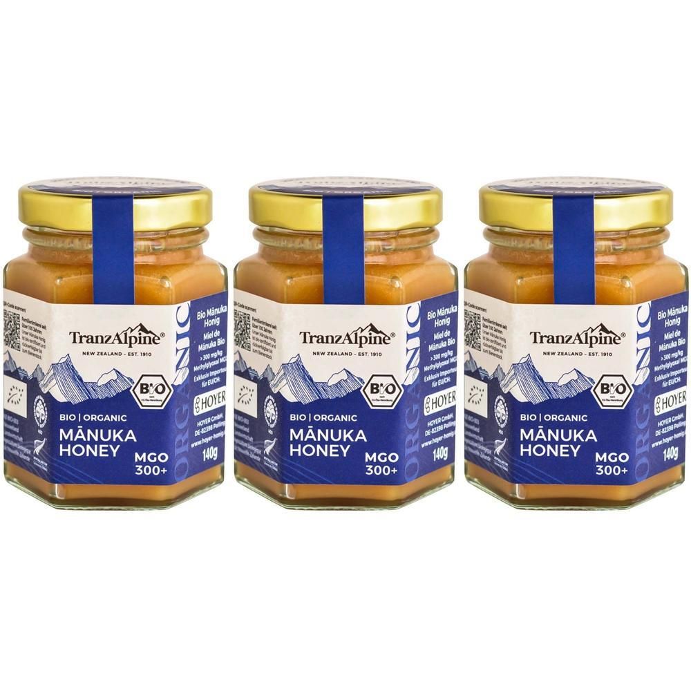 Drei Gläser Bio Manuka Honig von TranzAlpine mit MGO 300+ Siegel.