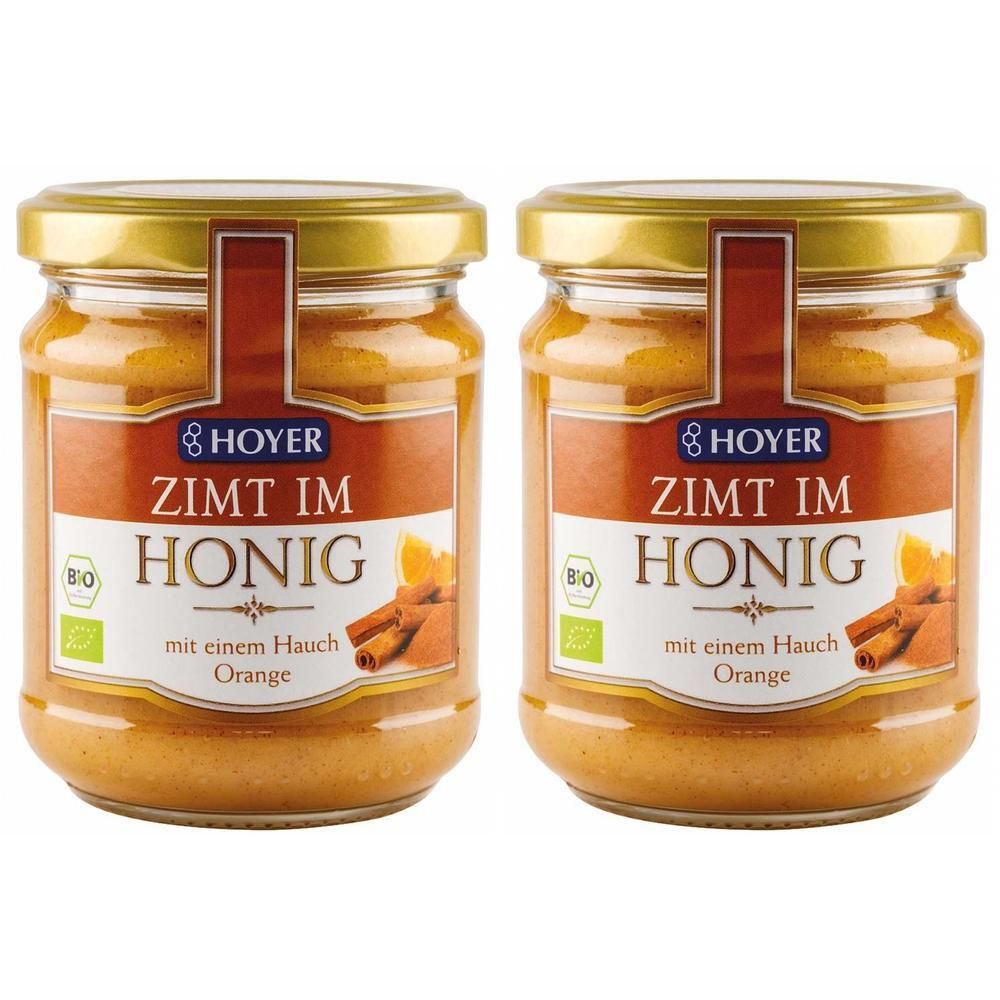Zwei Gläser Hoyer Zimt im Honig mit Orange, Bio-zertifiziert.