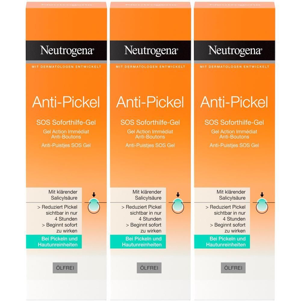 Drei Packungen Neutrogena Anti-Pickel SOS Soforthilfe-Gel mit Salicylsäure. Reduziert Pickel sichtbar in nur 4 Stunden.