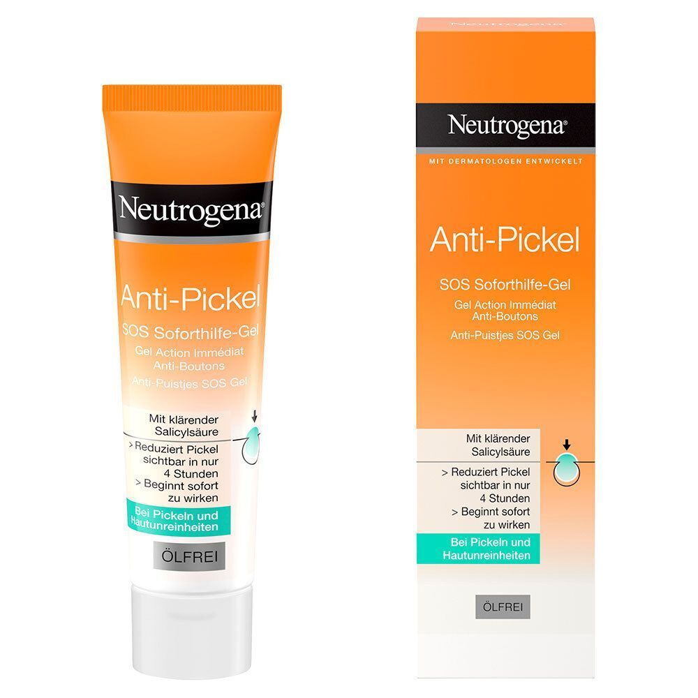 Neutrogena Anti-Pickel SOS Soforthilfe-Gel Tube und Verpackung. Mit Salicylsäure, reduziert Pickel in 4 Stunden.