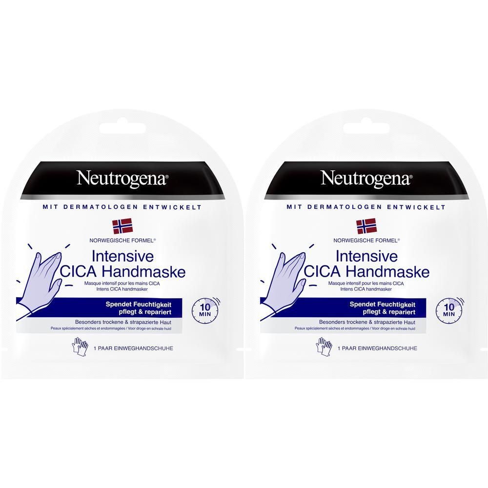 Zwei Packungen Neutrogena Intensive CICA Handmaske mit je einem Paar Handschuhen.