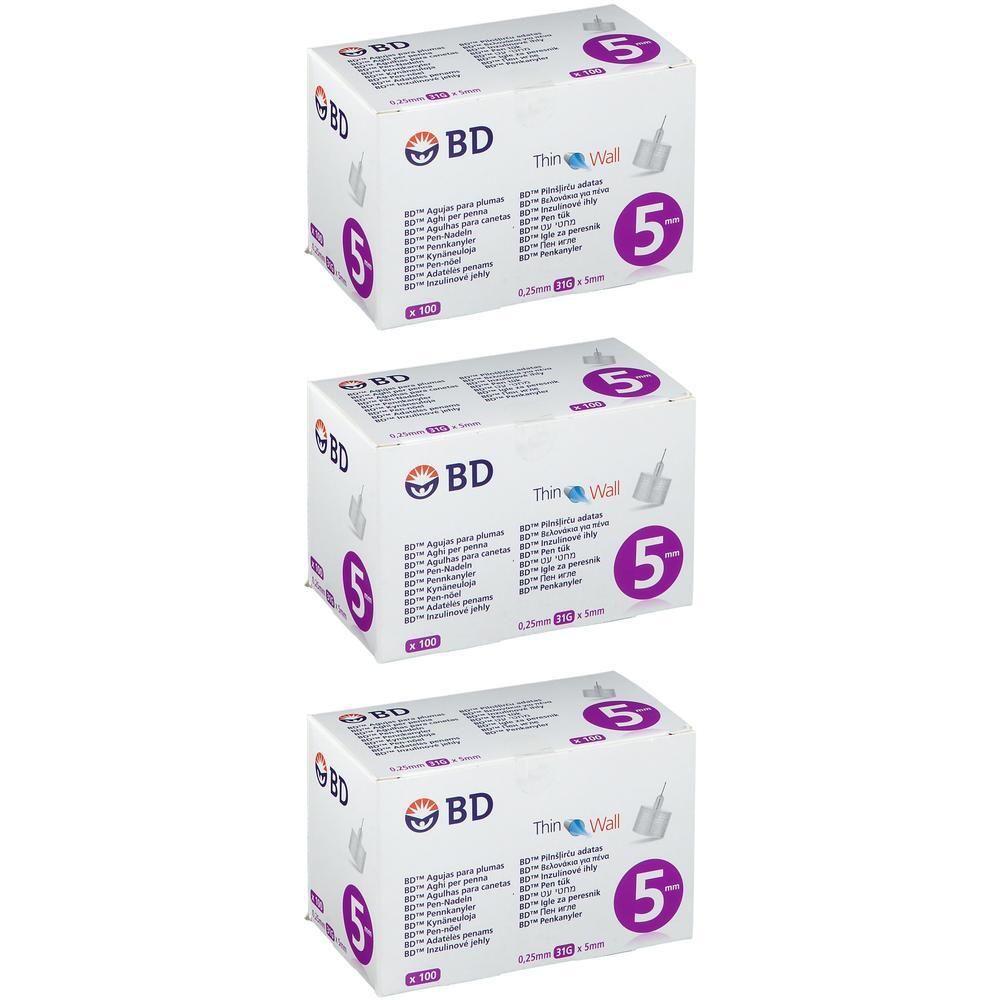 Drei Schachteln BD Thin Wall Pen-Nadeln 5 mm. Die Schachteln zeigen die Marke BD und die Nadelgröße 5.