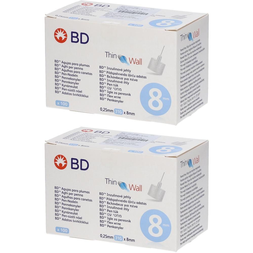 Zwei Packungen BD Thin Wall Pen-Nadeln, 8 mm, 0,25 mm. Enthält 100 Nadeln pro Packung.
