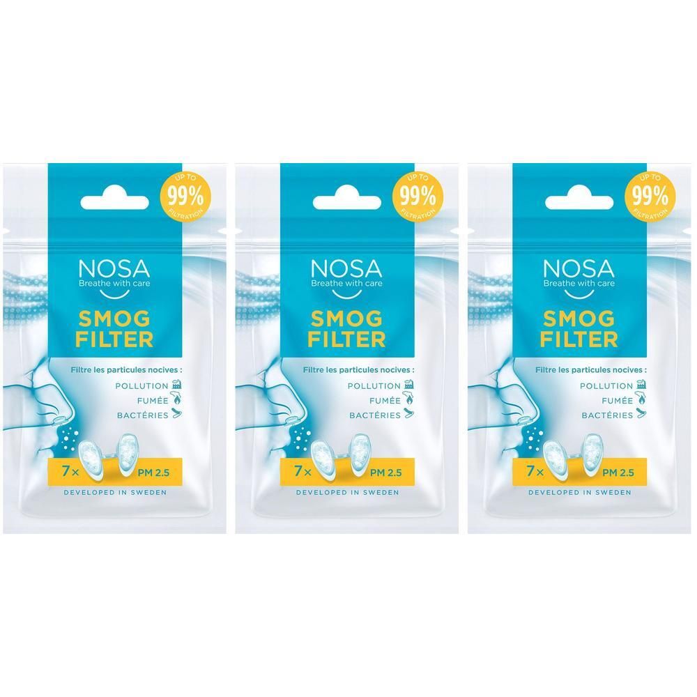 Drei NOSA SMOG FILTER Packungen, die 99% der Partikel filtern. Zeigt 7x PM 2.5 Filter an.