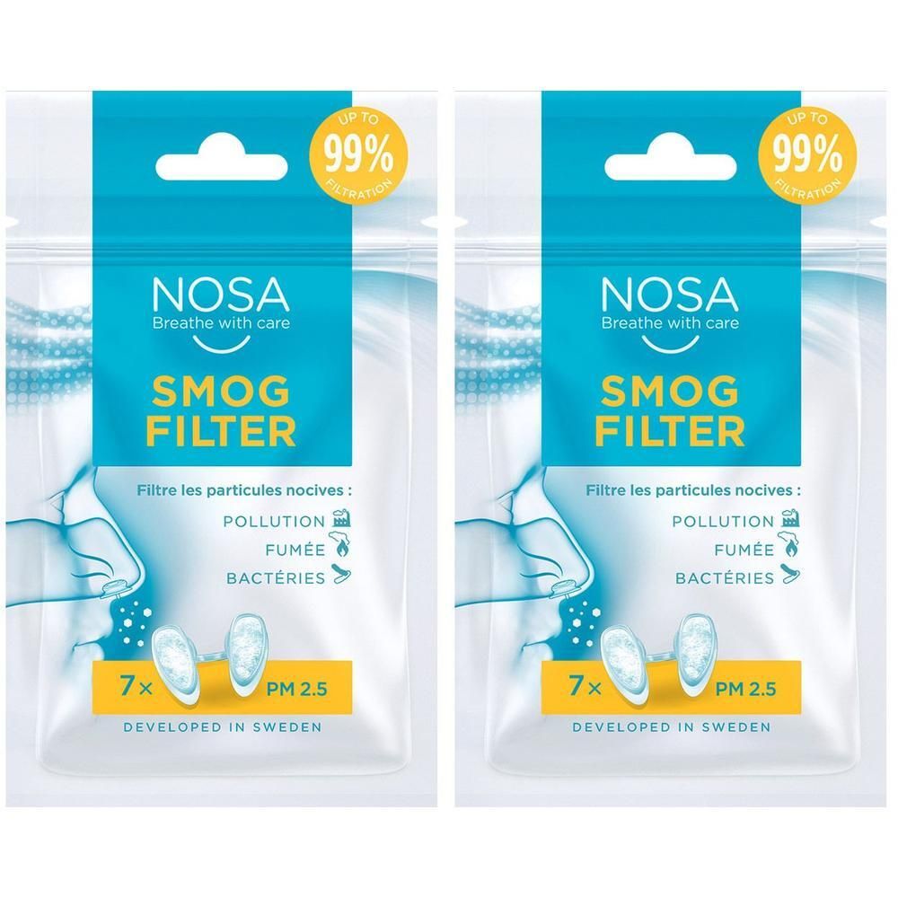 NOSA Smog Filter Verpackung mit zwei Filtern, schützt vor bis zu 99% der Partikel wie Umweltverschmutzung, Rauch und Bakterien.