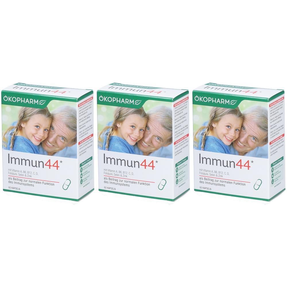 Drei Packungen Immun44 von Ökopharm mit Bild von Großvater und Enkelin. Enthält Vitamine und Spurenelemente.