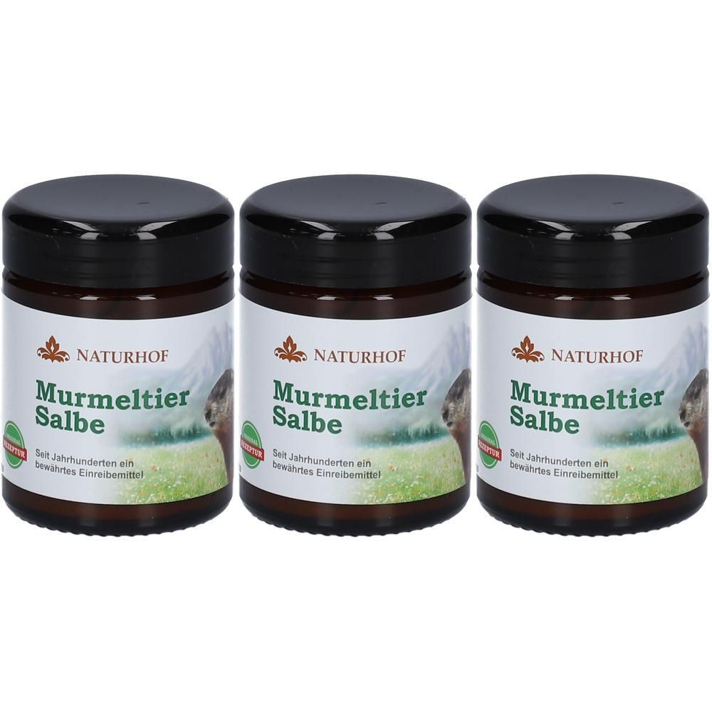 Drei Gläser Naturhof Murmeltier Salbe mit schwarzen Deckeln und weißen Etiketten.