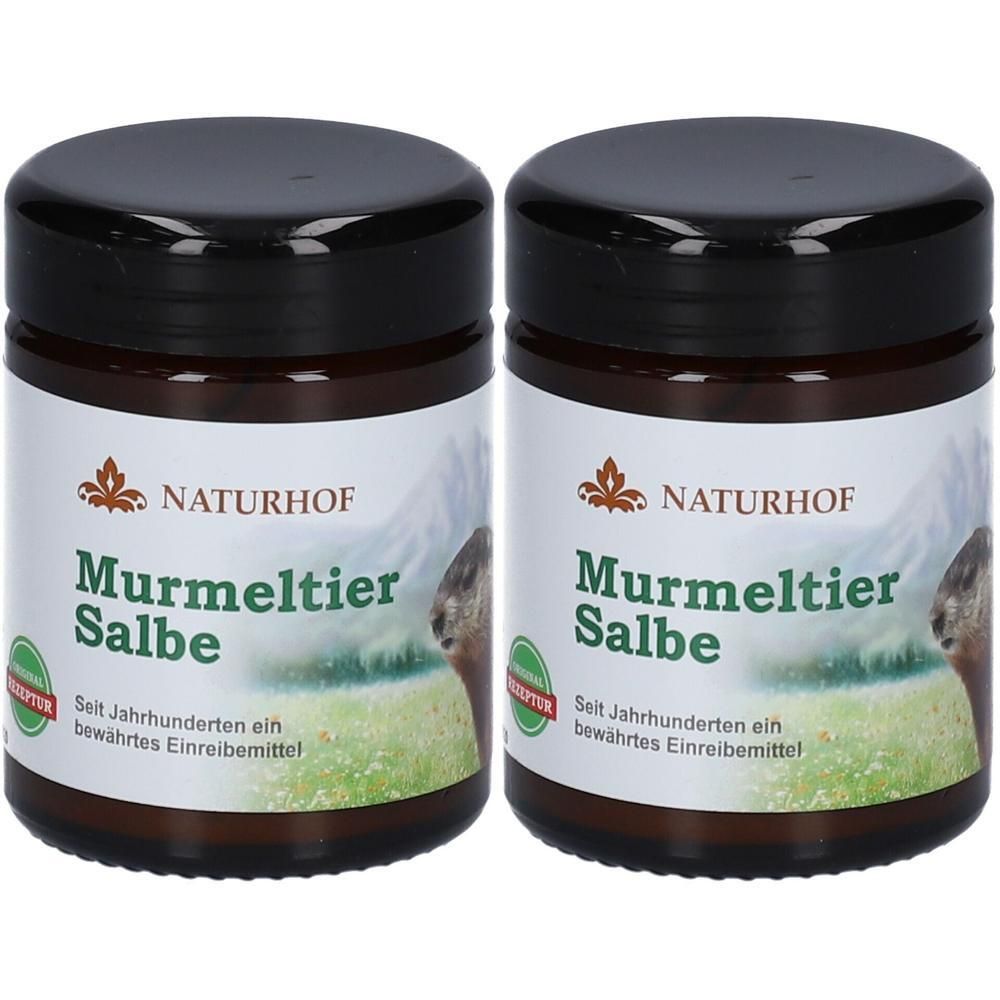 Zwei Gläser Naturhof Murmeltier Salbe mit schwarzen Deckeln, auf weißem Etikett mit Murmeltier-Abbildung.