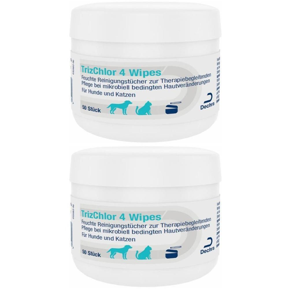 Zwei Behälter TrizChlor 4 Wipes, feuchte Reinigungstücher für Hunde und Katzen, 50 Stück pro Behälter.