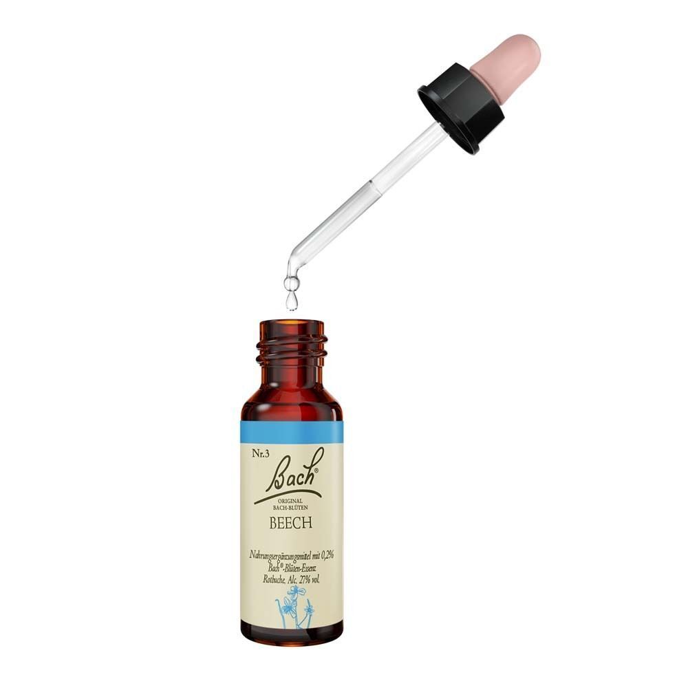 Eine Flasche Bachblüten Original Beech Tropfen mit Pipette, eine einzelne Tropfe fällt.