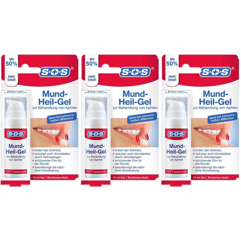 Drei Packungen SOS® Mund-Heil-Gel, jeweils mit Pumpspender, 15 ml. Kartonverpackung mit Produktabbildung.