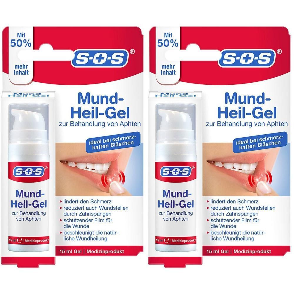 Zwei Packungen SOS® Mund-Heil-Gel, je 15 ml. Mit Pumpspender und Informationen zur Behandlung von Aphten.
