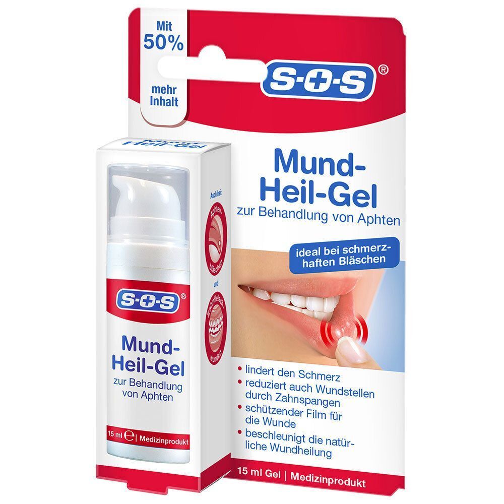 Eine Packung SOS® Mund-Heil-Gel, 15 ml. Mit Pumpspender und Informationen zur Behandlung von Aphten.
