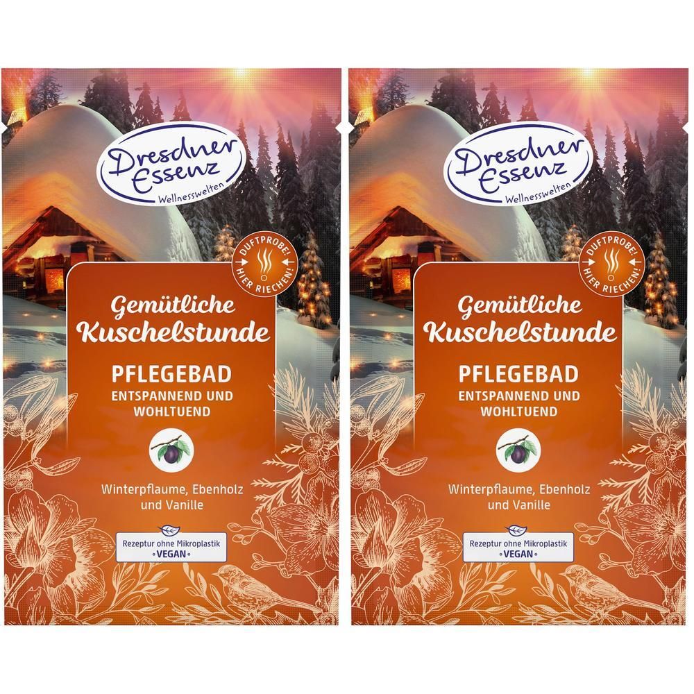Zwei Packungen Dresdner Essenz Pflegebad Gemütliche Kuschelstunde mit Winterpflaume und Vanille.