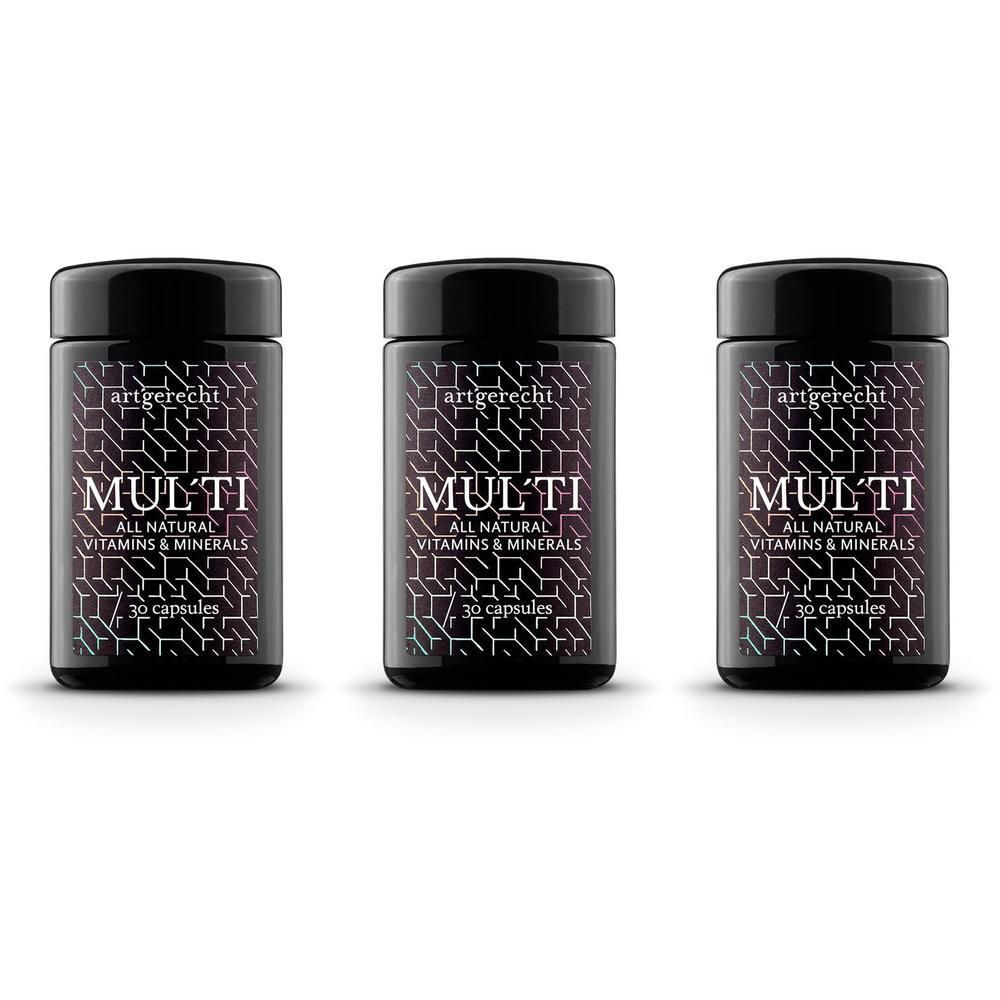 Drei schwarze Behälter mit dem Aufdruck "artgerecht MUL'TI ALL NATURAL VITAMINS & MINERALS 30 Capsules".