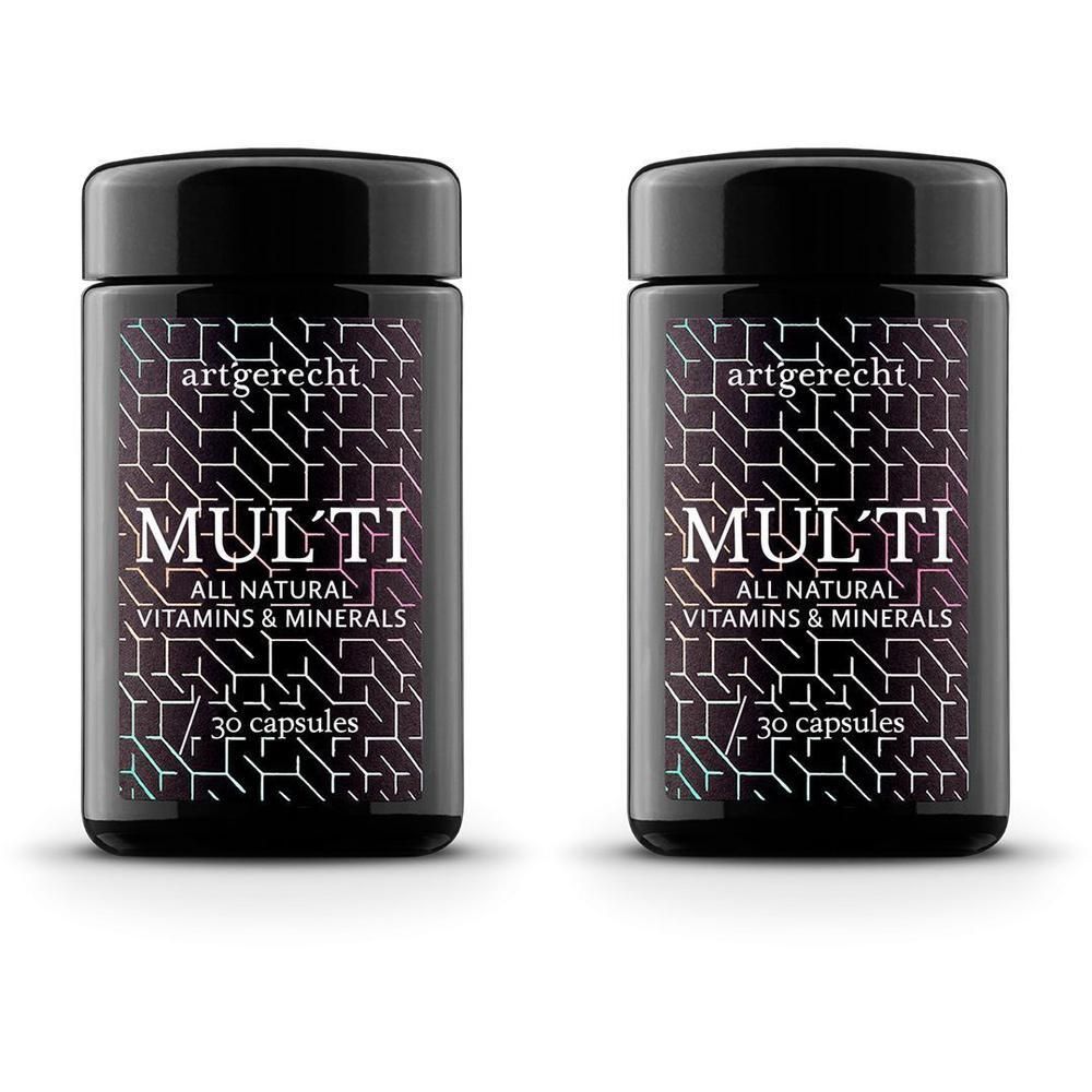 Zwei schwarze Behälter mit dem Etikett 'artgerecht MUL´TI ALL NATURAL VITAMINS & MINERALS 30 capsules'.
