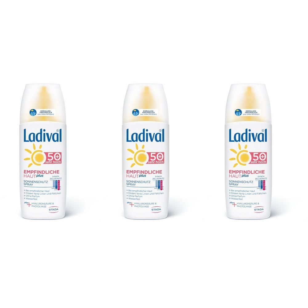 Drei Flaschen Ladival® Sonnenschutz Spray LSF 50+ für empfindliche Haut nebeneinander.