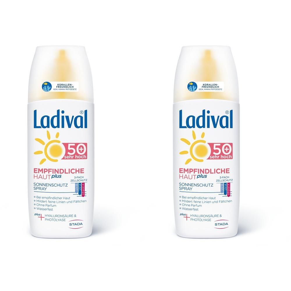 Zwei Flaschen Ladival Sonnenschutz Spray LSF 50+ für empfindliche Haut.