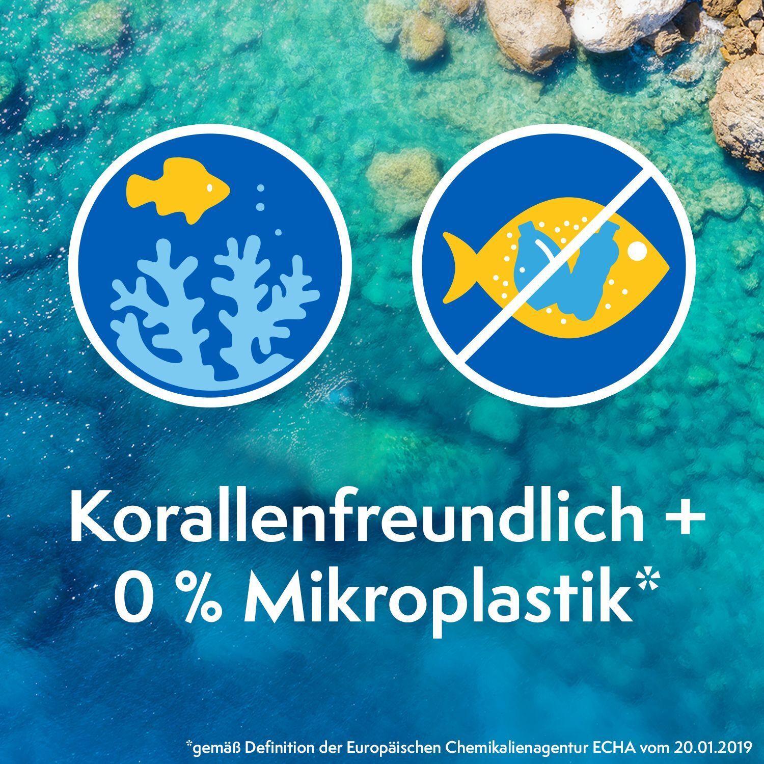 Symbole: Korallenfreundlich, 0% Mikroplastik.