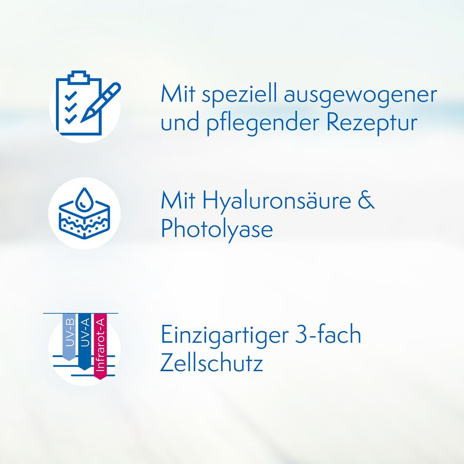 Icons: Geprüfte Rezeptur, Hyaluronsäure & Photolyase, 3-facher Zellschutz.
