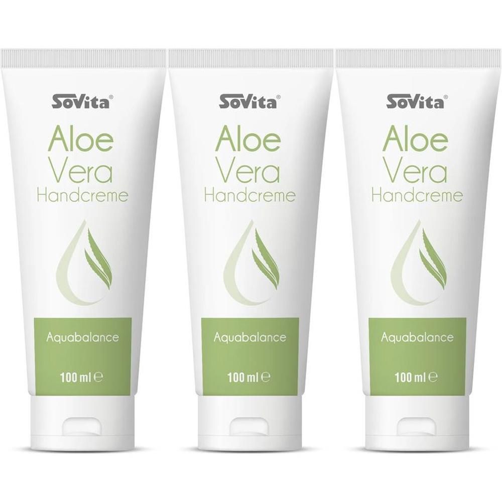 Drei weiße Tuben mit SoVita Aloe Vera Handcreme, Aquabalance, 100 ml.