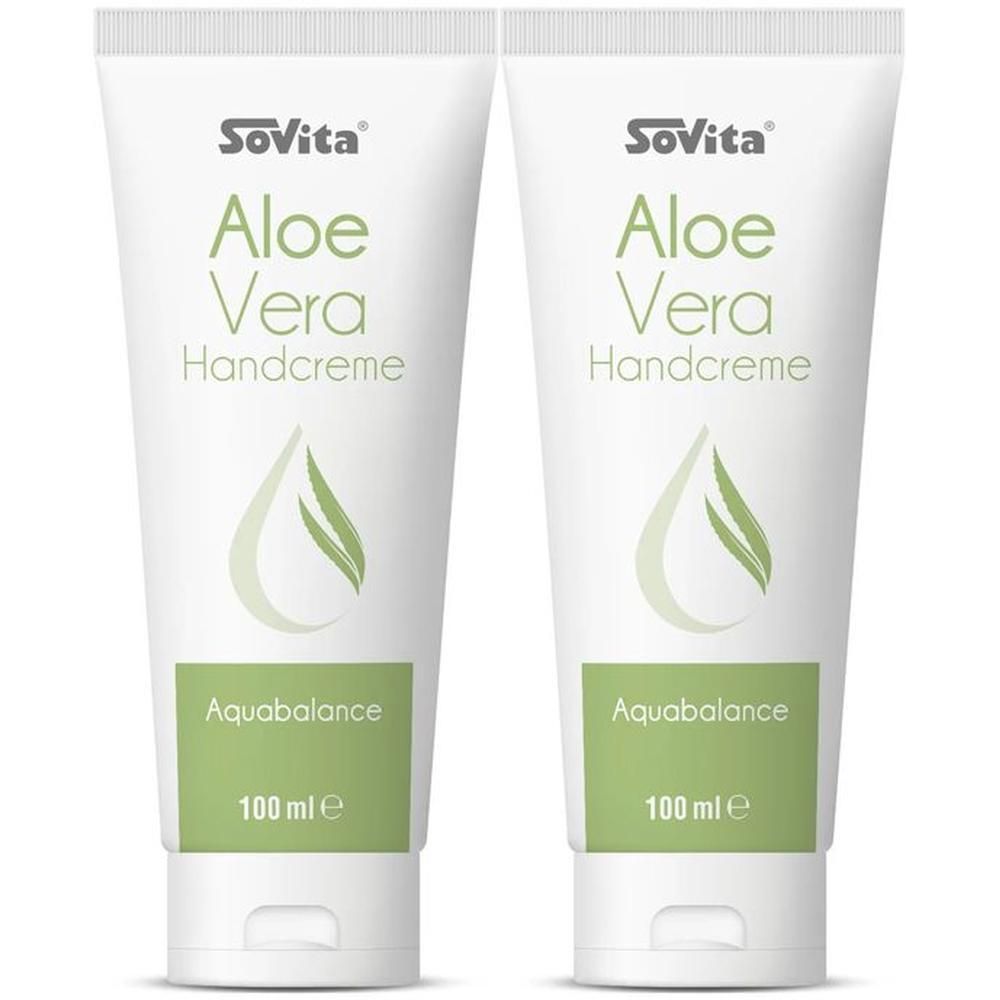 Zwei weiße Tuben mit SoVita Aloe Vera Handcreme, 100 ml.