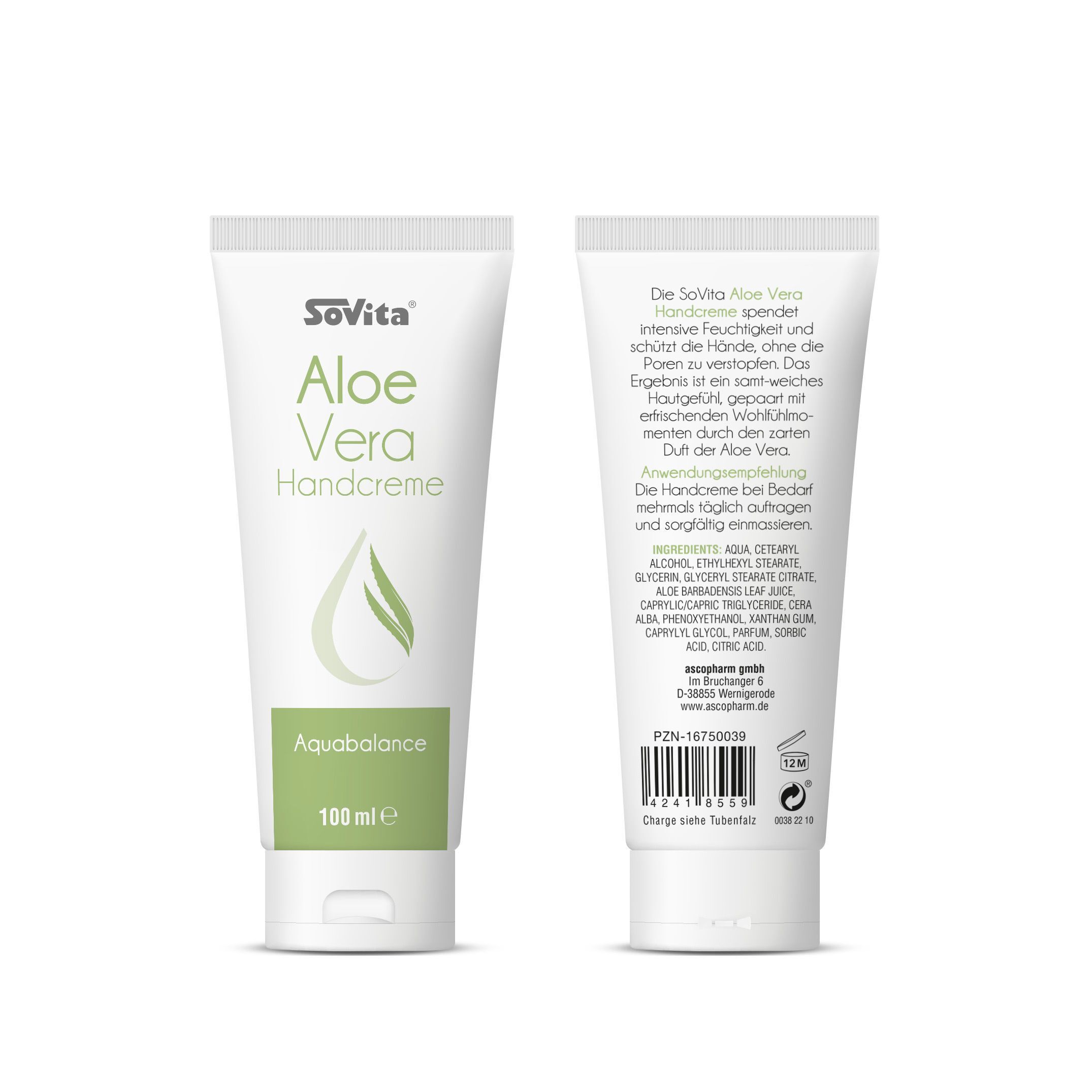 Weiße Tube mit SoVita Aloe Vera Handcreme, Vorder- und Rückseite, 100 ml.