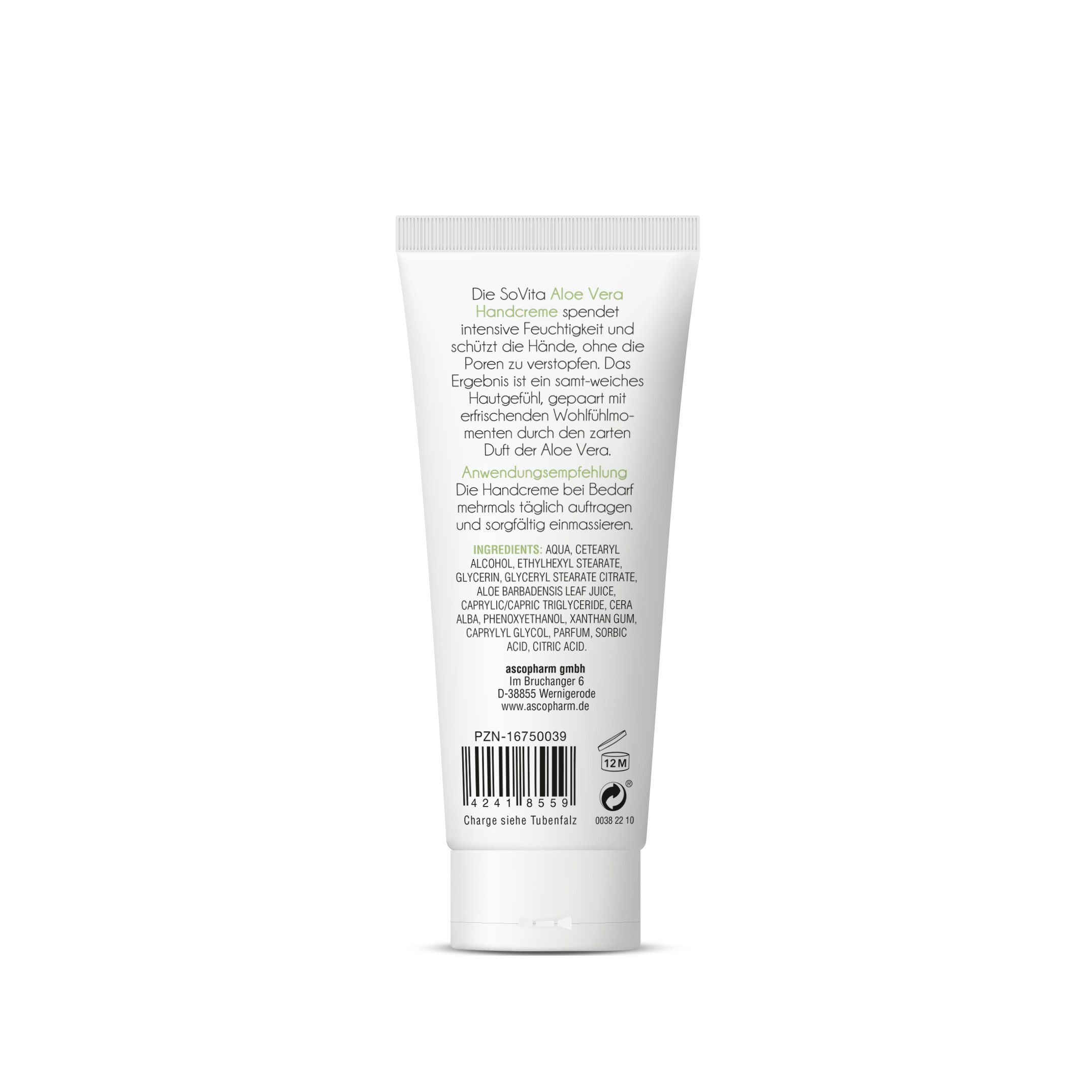 Rückseite einer weißen Tube mit SoVita Aloe Vera Handcreme, 100 ml.
