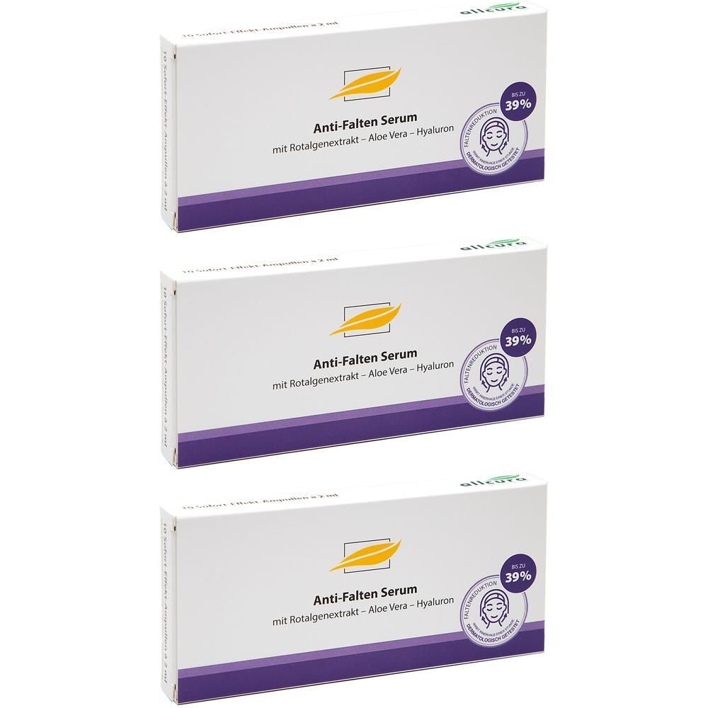 Drei Packungen Anti-Falten-Serum mit Rotalgenextrakt, Aloe Vera und Hyaluron. 39% Rabatt auf der Verpackung.