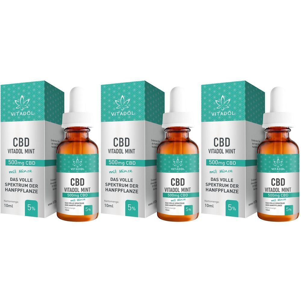 Drei Flaschen VITADOL MINT CBD 500mg CBD mit Minze, 10ml, 5% CBD.